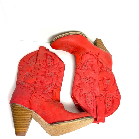 Very Volatile Red Cowboy Boots Studded Distressed Western Inlay Coastal Cowgirl - Picture 7 of 12